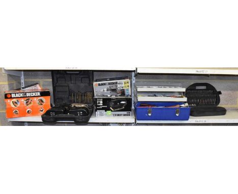 A mixed lot of tools including boxed electric drill, another drill, two sanders, tool box with contents, drill bits, etc, (al