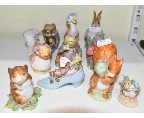 BESWICK: Nine Beatrix Potter figures including Jemima Puddle-Duck, Timmie Willie and Mr Jeremy Fisher, and another example.