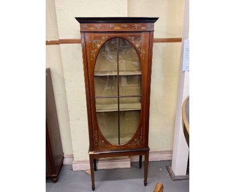 A late 19th to early 20th century mahogany and hand painted display cabinet, height 178cm (af).