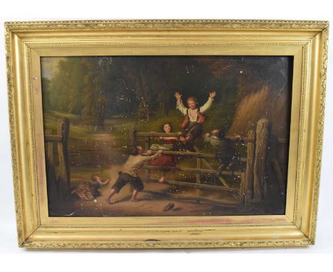 UNATTRIBUTED; a Victorian oil on canvas, children playing on a gate in the countryside, unsigned, 50 x 75cm, gilt frame.Condi