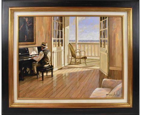 UNATTRIBUTED; oil on canvas, figure playing the piano with coastal landscape, indistinctly signed, 54 x 80cm, framed.