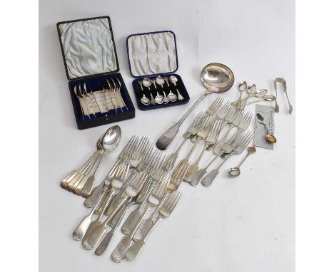 A quantity in silver plated cutlery including teaspoons, forks, ladle, etc.