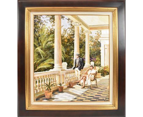 UNATTRIBUTED; oil on canvas, study of two figures on a veranda, indistinctly signed, 64 x 53cm, framed.