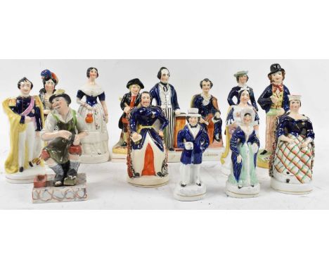 A group of fourteen Staffordshire figures including Waiter, L Byron, etc.