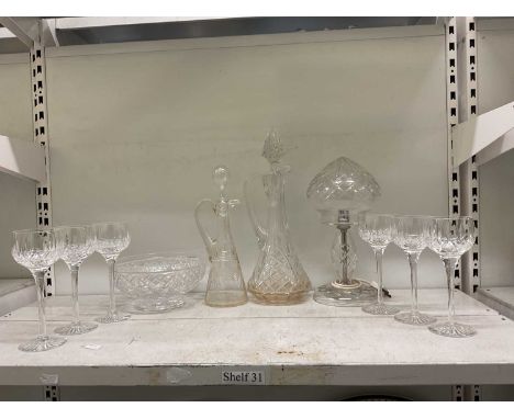 A cut glass mushroom lamp, six Stuart Crystal wineglasses, two decanters, bowl, etc.