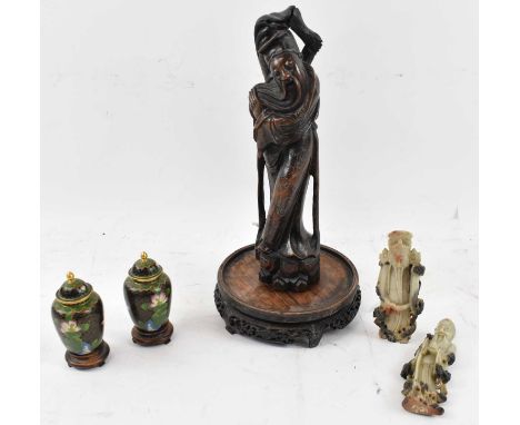 A pair of Chinese carved soapstone figures, height approx 15cm, a carved rootwood figure, height 34.5cm, a Chinese circular s