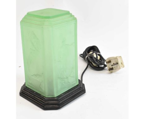 An Art Deco table lamp with decorative green glass shade and stepped base, height approx 20cm.