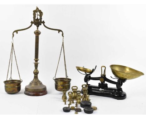 A set of Librasco scales, with brass weights, together with another set of brass scales.