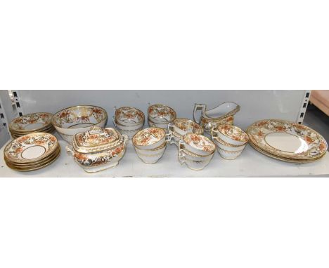 A 19th century English porcelain part tea service comprising twelve cups, nine saucers, pair of plates, milk jug, sugar bowl 