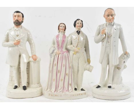 A group of three large Staffordshire figures including Prince and Princess, height of tallest 38cm.