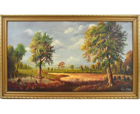 VALENTINE; a 20th century oil on board, figures fishing in a pond amongst foliage, 35 x 65cm, framed.