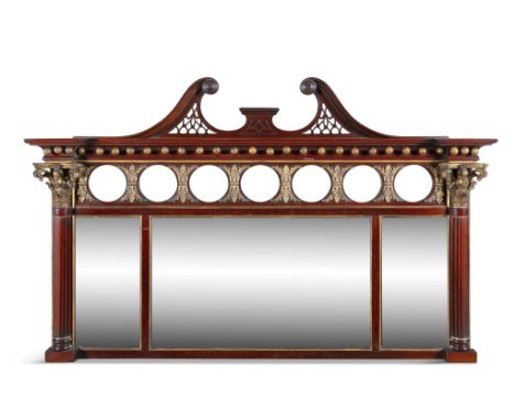 A MAHOGANY AND PARCEL GILT DECORATED RECTANGULAR OVERMANTLE MIRROR, with swan-neck pediment above a pierced frieze and compar