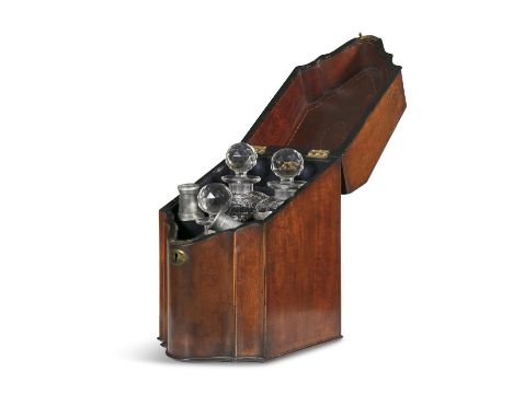 A GEORGIAN MAHOGANY AND INLAID KNIFE BOX, with brass escutcheon, opening to reveal a fitted interior with three square moulde