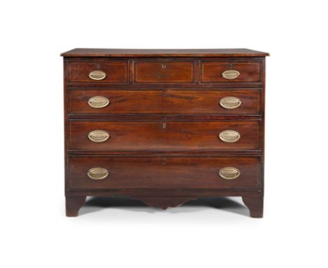 A MAHOGANY CHEST OF DRAWERS, the plain rectangular top above a frieze of three small and three long graduated drawers, with b