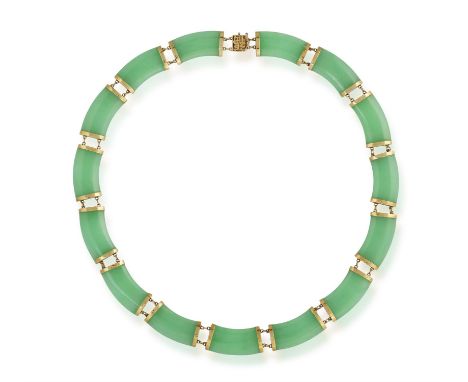 A JADE NECKLACE, the concave green jade links with gold borders, with gold clasp, length approx. 42.5g, total gross weight ap