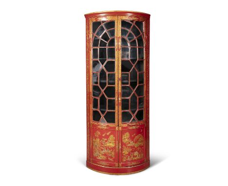 A RED LACQUERED CHINOISERIE BOW FRONT CORNER CABINET, with and arrangement of twin astragal doors, over twin cupboard doors, 