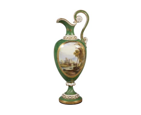 A ROYAL WORCESTER EWER, 19th Century, finely painted with a landscape against apple green ground and raised on a foot, the la