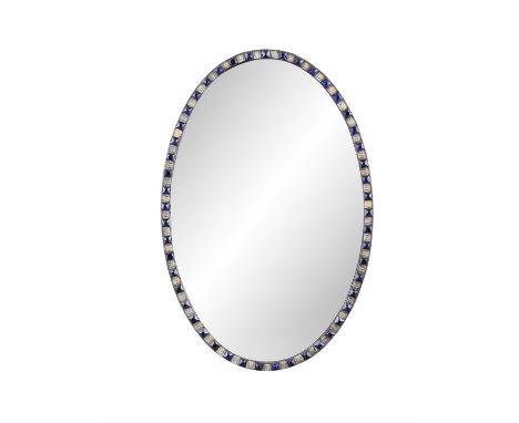 AN IRISH OVAL STUDDED MIRROR, 19th&nbsp; Century, with alternate blue and white gilded studs, plate glass replaced. 58cm x 38