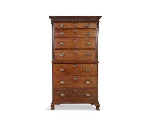 A GEORGIAN MAHOGANY SECRETAIRE CHEST ON CHEST, with dentil cornice above a blind cut fret frieze, with four long graduated dr