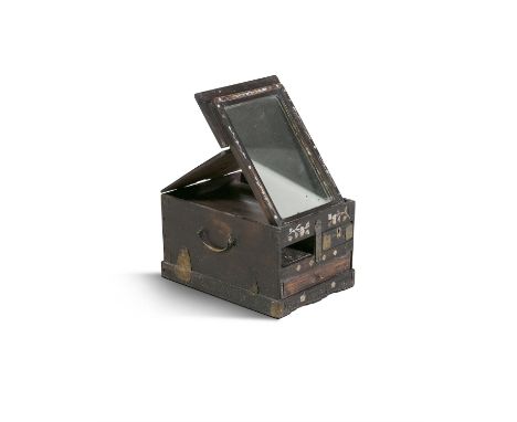 A LACQUER AND MOTHER OF PEARL INLAID TRAVEL JEWELLERY BOX, of rectangular form, the hinged top opening to fold out mirror, ab