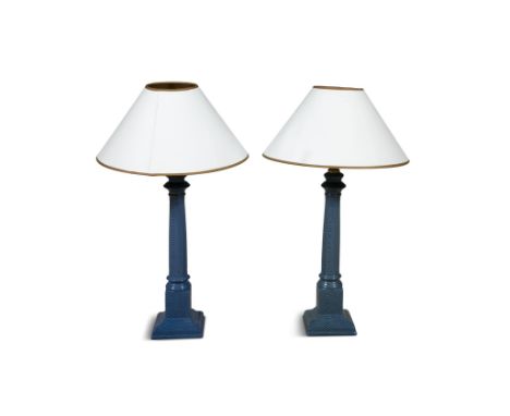 A PAIR OF MODERN BLUE CERAMIC COLUMN TABLE LAMPS AND SHADES