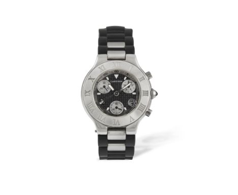 A STAINLESS STEEL AND RUBBER 'CHRONOGRAPH 21' CALENDAR CHRONOGRAPH BRACELET WATCH, BY CARTIER, black dial decorated with repe
