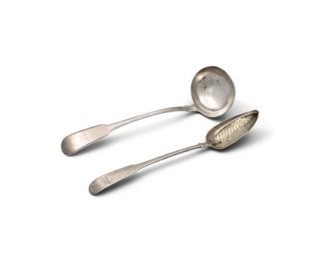 AN IRISH GEORGE III SILVER FIDDLE PATTERN STRAINING SPOON, Dublin c.1806, mark of William Ward, 31cm long; together with a Ge