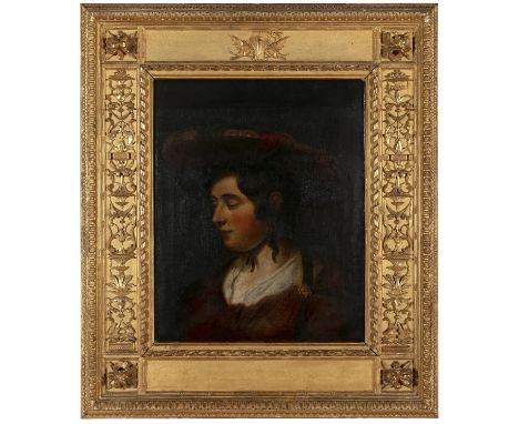 FLORENTINE SCHOOL (19TH CENTURY)Portrait of a girl in a red hat and dress, quarter lengthOil on canvas, 99 x 87cmContained wi