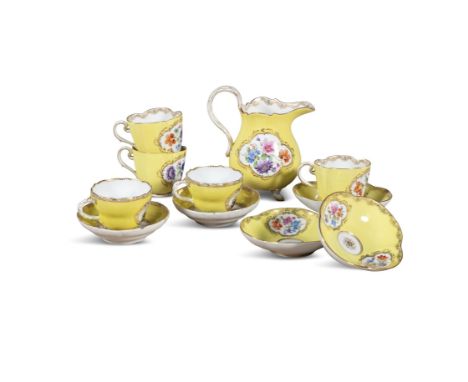 A MEISSEN YELLOW GROUND CABINET TEASET, each painted with floral vignettes and gilt decoration (7)Condition Report:  Two sauc