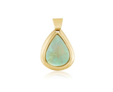 AN OPAL PENDANT, the pear-shaped opal cabochon within a gold frame and bale, mounted in 18K gold, pendant length (including b