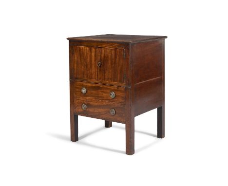 A GEORGIAN MAHOGANY, INLAID BESIDE COMMODE, with moulded rim above two cupboard doors above a further one long drawer and a d