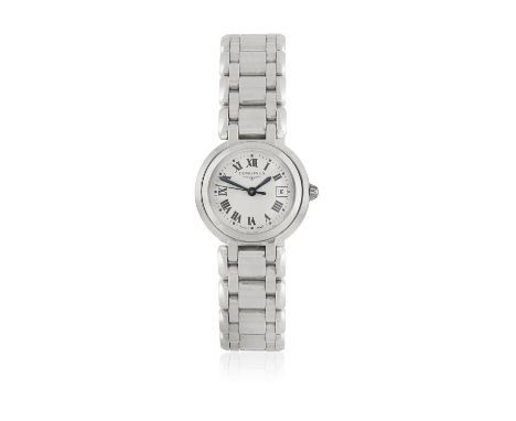 A LADY'S STAINLESS STEEL 'PRIMA LUNA' BRACELET WATCH, BY LONGINES, of quartz movement, the circular dial with Roman numeral, 