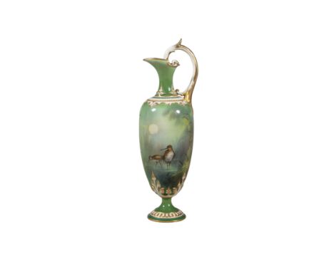 A ROYAL WORCESTER EWER SHAPED VASE, painted with a continuous landscape of snipe feeding by moonlight, signed Powell, marked 