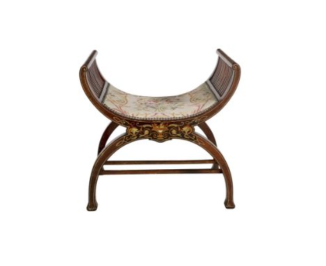 AN EDWARDIAN INLAID ROSEWOOD X FRAME STOOL, with tapestry seat.