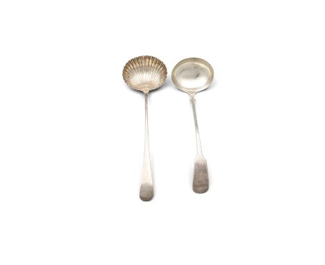 A GEORGE III SILVER SOUP LADLE, London c.1803, maker's mark rubbed; together with another example Sheffield c.1906, (13 troy 