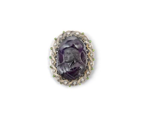 A CARVED PURPLE AMETHYST CAMEO OF OLIVER CROMWELL, signed and dated J. Beale, 1780 to the obverse, inscribed ‘Oliver Cromwell