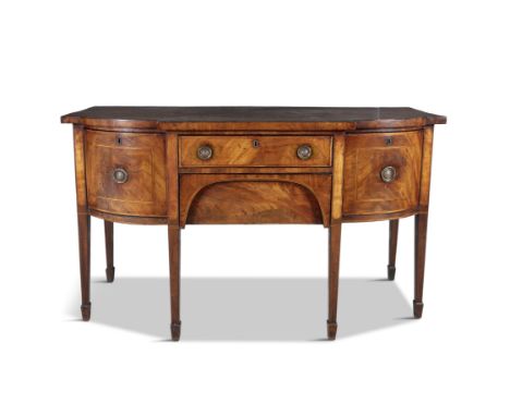 A GEORGIAN MAHOGANY, SATINWOOD CROSSBANDED, EBONY AND STRING INLAID BOW FRONTED SIDEBOARD, with one pull out drawer above a s