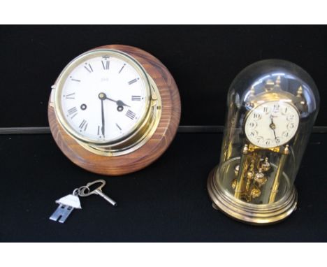 SHIPS CLOCK - a modern Shatz ships clock and a glass domed Kundo mantle clock