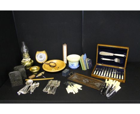 SUNDRY - to contain Edwardian silver plate cutlery and Knives, a cased chromed fish set, a Victorian brass lamp base (convert