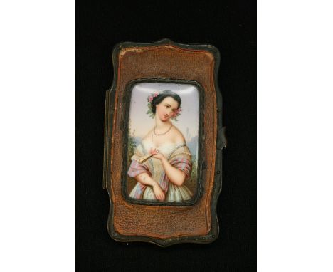 PORTRAIT MINIATURE - a Victorian brass framed leather card case c 1880, with a Continental hand painted porcelain plaque (60m