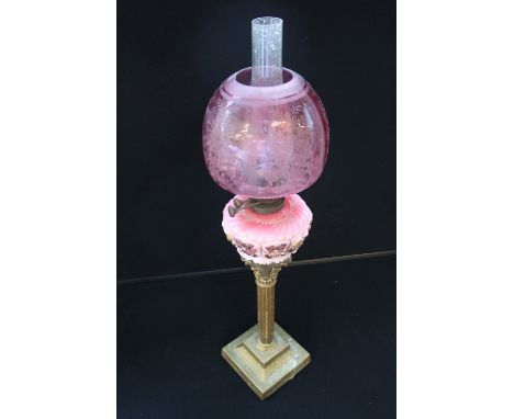 VICTORIAN GAS LAMP - a Victorian c.1890 cranberry milk glass reservoir, a brass Corinthian column table lamp, with an acid et