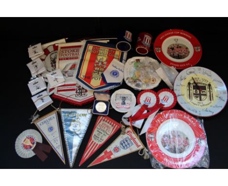 FOOTBALL - a box filled with football related memorabilia to include 9 pennants for Everton, England (1962 and 1966 World Cup