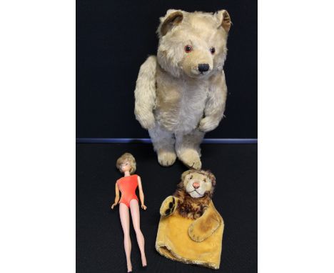 TEDDY BEAR - an English Teddy Bear featuring felt pad feet and inner ears, mohair plush with glass eyes and a rumble bell gro