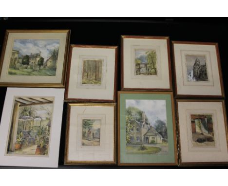 WATERCOLOURS - 8 framed and unframed watercolours, various scenes feature woodland, coastal and garden scenes (all frame size