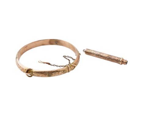 Victorian rose gold bangle, Birmingham 1900 and a rose gold cased propelling pencil stamped 9ctCondition Report:Bangle approx