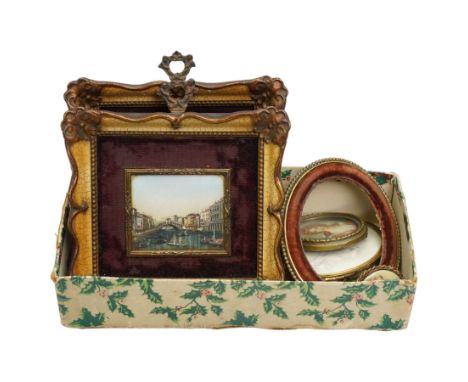 19th century pencil sketch of a girl, Baxter print in bespoke frame, two watercolours of Venice, two brooches, watercolour of