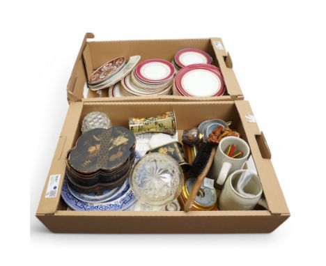 Quantity of Royal Worcester regency pattern dinnerware, oriental lacquered nest of boxes, and other items in two boxes