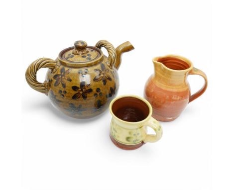 Peter Dick for Coxwold Pottery stoneware teapot decorated with flower heads, Coxwold Pottery mug and a Thornton Pottery jug
