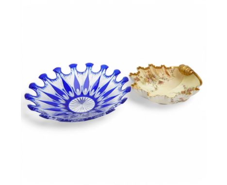 Bohemian glass bowl with blue decoration, together with a Royal Worcester blush ivory shell form bowl, marked to base, glass 