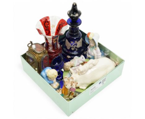 Bevelled glass ormolu jewellery casket, bohemian glass examples, half dolls, beswick items including pig and piglet, Royal Wo